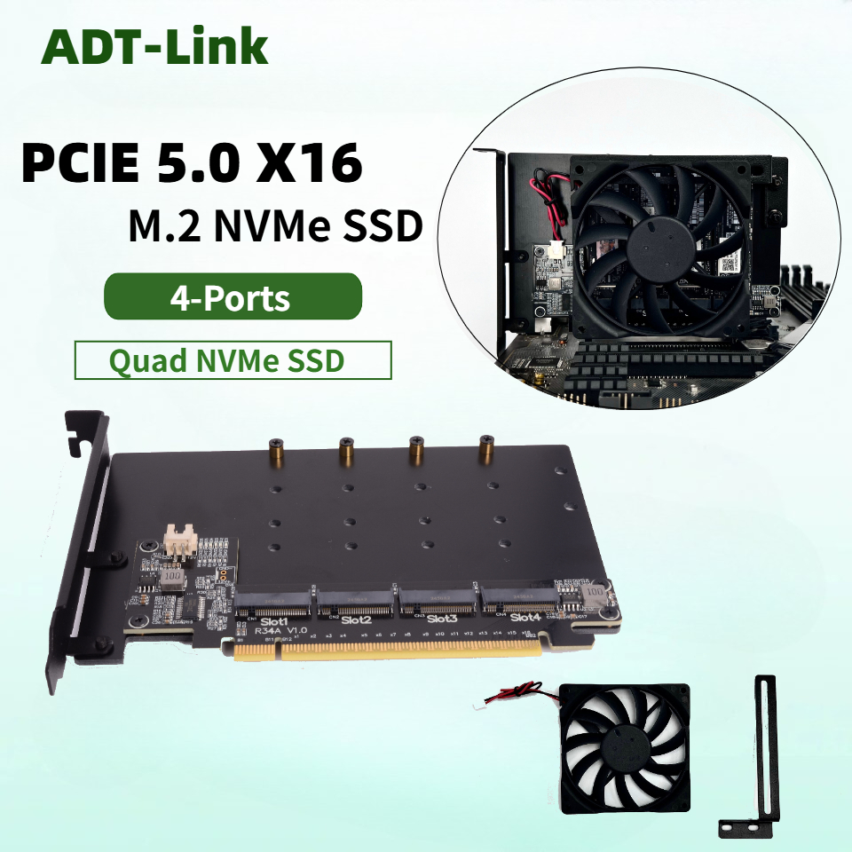 Quad M.2 Nvme Pcie Bifurcation Card - R34A PCIe 5.0 x16 zu 4-Port